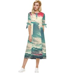 Storm Tsunami Waves Ocean Sea Nautical Nature Painting Bow Sleeve Chiffon Midi Dress by Ravend