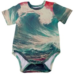 Storm Tsunami Waves Ocean Sea Nautical Nature Painting Baby Short Sleeve Bodysuit by Ravend