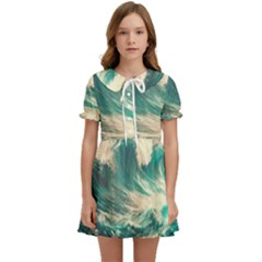 Storm Tsunami Waves Ocean Sea Nautical Nature Painting Kids  Sweet Collar Dress by Ravend