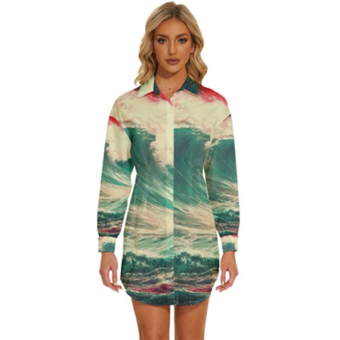 Storm Tsunami Waves Ocean Sea Nautical Nature Painting Womens Long Sleeve Shirt Dress by Ravend