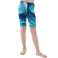 Tsunami Tidal Wave Ocean Waves Sea Nature Water Kids  Mid Length Swim Shorts by Ravend