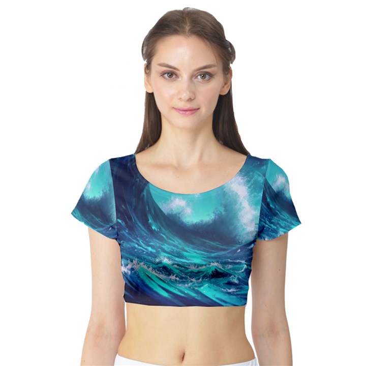 Tsunami Tidal Wave Ocean Waves Sea Nature Water Short Sleeve Crop Top