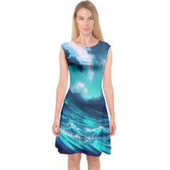 Tsunami Tidal Wave Ocean Waves Sea Nature Water Capsleeve Midi Dress by Ravend