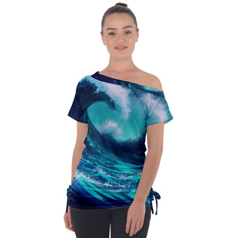 Tsunami Tidal Wave Ocean Waves Sea Nature Water Off Shoulder Tie-up Tee by Ravend