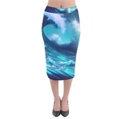 Tsunami Tidal Wave Ocean Waves Sea Nature Water Velvet Midi Pencil Skirt by Ravend