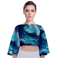 Tsunami Tidal Wave Ocean Waves Sea Nature Water Tie Back Butterfly Sleeve Chiffon Top by Ravend