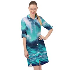 Tsunami Tidal Wave Ocean Waves Sea Nature Water Long Sleeve Mini Shirt Dress by Ravend