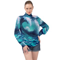 Tsunami Tidal Wave Ocean Waves Sea Nature Water High Neck Long Sleeve Chiffon Top by Ravend