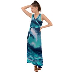 Tsunami Tidal Wave Ocean Waves Sea Nature Water V-neck Chiffon Maxi Dress by Ravend