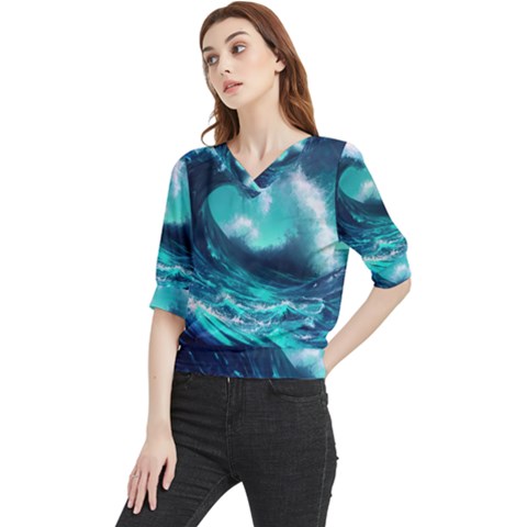 Tsunami Tidal Wave Ocean Waves Sea Nature Water Quarter Sleeve Blouse by Ravend