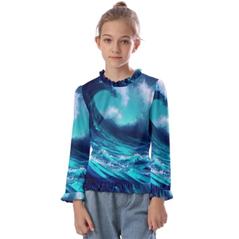 Tsunami Tidal Wave Ocean Waves Sea Nature Water Kids  Frill Detail Tee by Ravend