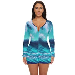 Tsunami Tidal Wave Ocean Waves Sea Nature Water Long Sleeve Boyleg Swimsuit by Ravend