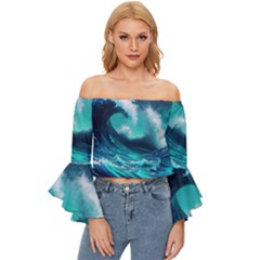 Tsunami Tidal Wave Ocean Waves Sea Nature Water Off Shoulder Flutter Bell Sleeve Top by Ravend