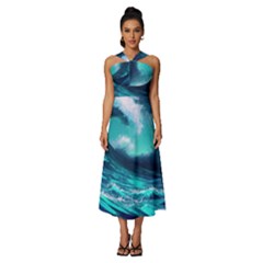 Tsunami Tidal Wave Ocean Waves Sea Nature Water Sleeveless Cross Front Cocktail Midi Chiffon Dress