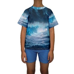 Thunderstorm Storm Tsunami Waves Ocean Sea Kids  Short Sleeve Swimwear by Ravend