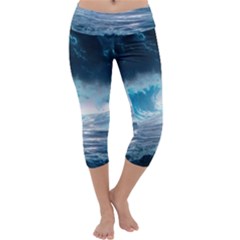 Thunderstorm Storm Tsunami Waves Ocean Sea Capri Yoga Leggings by Ravend