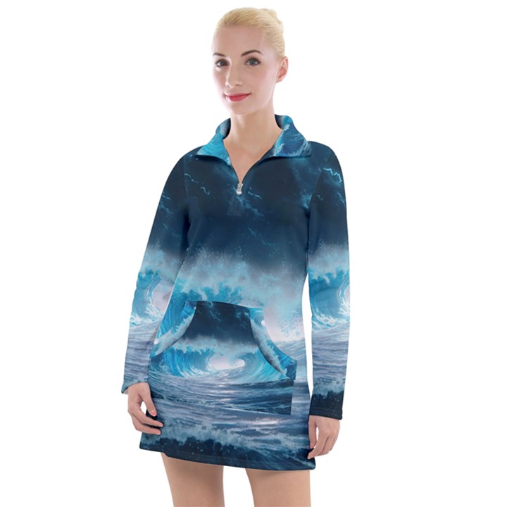 Thunderstorm Storm Tsunami Waves Ocean Sea Women s Long Sleeve Casual Dress