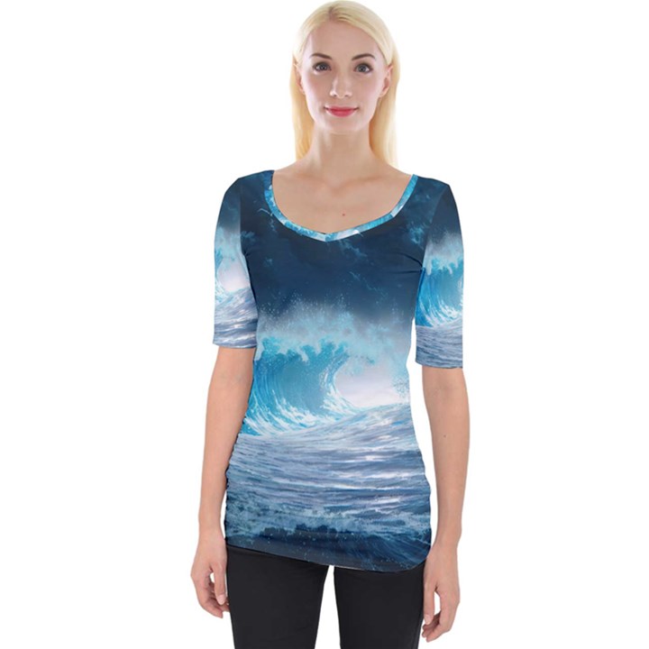 Thunderstorm Storm Tsunami Waves Ocean Sea Wide Neckline Tee