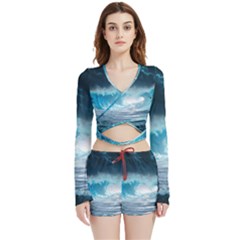 Thunderstorm Storm Tsunami Waves Ocean Sea Velvet Wrap Crop Top And Shorts Set by Ravend