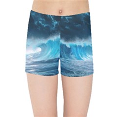 Thunderstorm Storm Tsunami Waves Ocean Sea Kids  Sports Shorts by Ravend