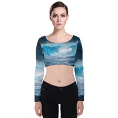 Thunderstorm Storm Tsunami Waves Ocean Sea Velvet Long Sleeve Crop Top by Ravend