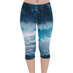 Thunderstorm Storm Tsunami Waves Ocean Sea Velvet Capri Leggings  by Ravend