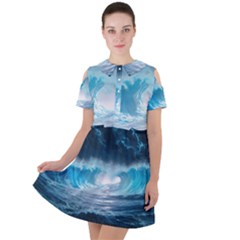 Thunderstorm Storm Tsunami Waves Ocean Sea Short Sleeve Shoulder Cut Out Dress 