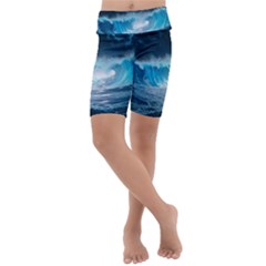 Thunderstorm Storm Tsunami Waves Ocean Sea Kids  Lightweight Velour Cropped Yoga Leggings by Ravend