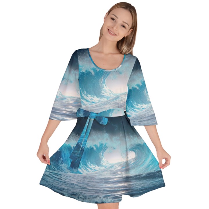 Thunderstorm Storm Tsunami Waves Ocean Sea Velour Kimono Dress