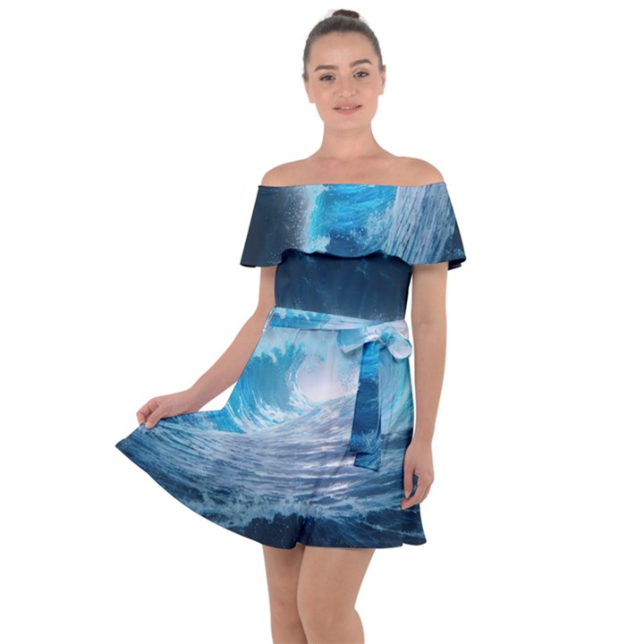 Thunderstorm Storm Tsunami Waves Ocean Sea Off Shoulder Velour Dress