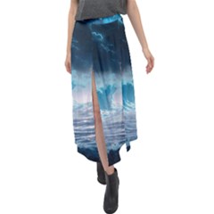 Thunderstorm Storm Tsunami Waves Ocean Sea Velour Split Maxi Skirt by Ravend