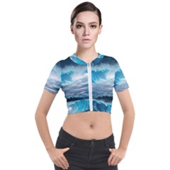 Thunderstorm Storm Tsunami Waves Ocean Sea Short Sleeve Cropped Jacket by Ravend