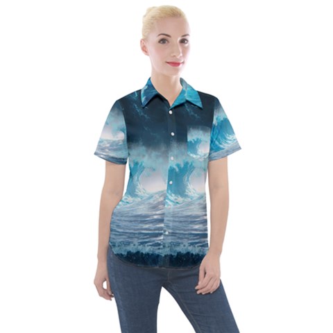 Thunderstorm Storm Tsunami Waves Ocean Sea Women s Short Sleeve Pocket Shirt by Ravend