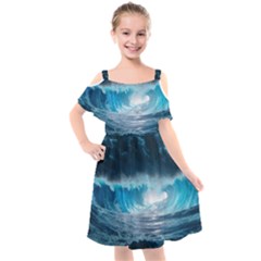 Thunderstorm Storm Tsunami Waves Ocean Sea Kids  Cut Out Shoulders Chiffon Dress by Ravend