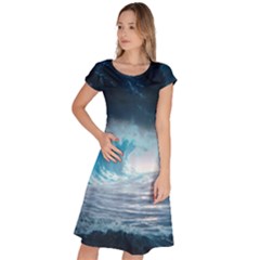 Thunderstorm Storm Tsunami Waves Ocean Sea Classic Short Sleeve Dress by Ravend