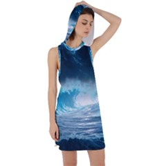 Thunderstorm Storm Tsunami Waves Ocean Sea Racer Back Hoodie Dress by Ravend