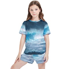 Thunderstorm Storm Tsunami Waves Ocean Sea Kids  Tee And Sports Shorts Set by Ravend