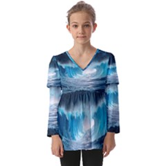 Thunderstorm Storm Tsunami Waves Ocean Sea Kids  V Neck Casual Top by Ravend