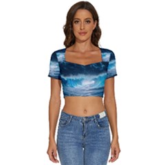 Thunderstorm Storm Tsunami Waves Ocean Sea Short Sleeve Square Neckline Crop Top  by Ravend