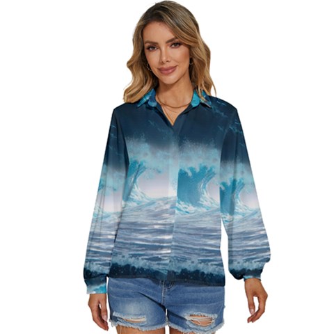 Thunderstorm Storm Tsunami Waves Ocean Sea Women s Long Sleeve Button Down Shirt by Ravend