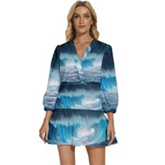 Thunderstorm Storm Tsunami Waves Ocean Sea V-neck Placket Mini Dress