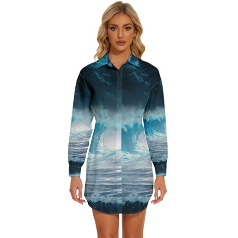 Thunderstorm Storm Tsunami Waves Ocean Sea Womens Long Sleeve Shirt Dress by Ravend