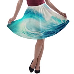 Tsunami Waves Ocean Sea Nautical Nature Water Nature A-line Skater Skirt by Ravend