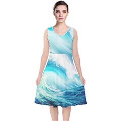 Tsunami Waves Ocean Sea Nautical Nature Water Nature V-neck Midi Sleeveless Dress  by Ravend