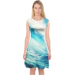 Tsunami Waves Ocean Sea Nautical Nature Water Nature Capsleeve Midi Dress by Ravend