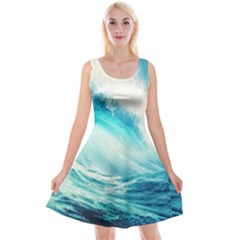 Tsunami Waves Ocean Sea Nautical Nature Water Nature Reversible Velvet Sleeveless Dress by Ravend