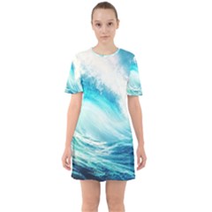 Tsunami Waves Ocean Sea Nautical Nature Water Nature Sixties Short Sleeve Mini Dress by Ravend