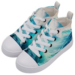 Tsunami Waves Ocean Sea Nautical Nature Water Nature Kids  Mid-top Canvas Sneakers by Ravend