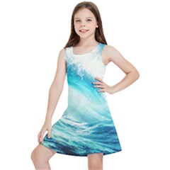 Tsunami Waves Ocean Sea Nautical Nature Water Nature Kids  Lightweight Sleeveless Dress by Ravend