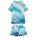 Tsunami Waves Ocean Sea Nautical Nature Water Nature Kids  Swim Tee and Shorts Set View1